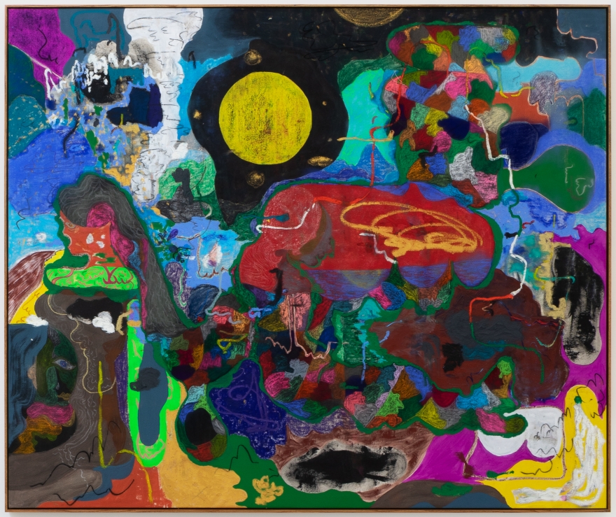 Michael Bauer, Twin Sisters, Yellow Moon, and. Lake, 2020. Oil, crayon, pastel and acrylic on canvas, 60 x 73 in, 152.4 x 185.4 cm (MBA20.003)