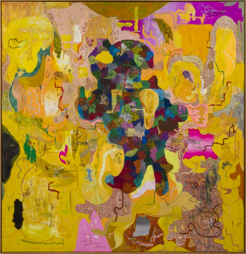 Michael Bauer Bad Yellow Moon, 2019 Oil, crayon, pastel and acrylic on canvas 73 1/2 x 76 in 186.7 x 193 cm (MB19.020)
