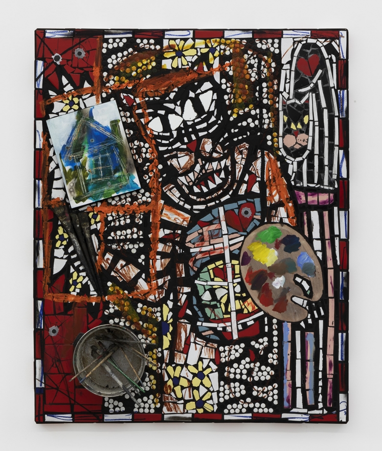 Cameron Welch, Ex in Abs, 2018, Oil, acrylic, spray, collage, found objects, and ceramic on panel 60 x 48 in (152.4 x 121.9 cm), CWE19.014