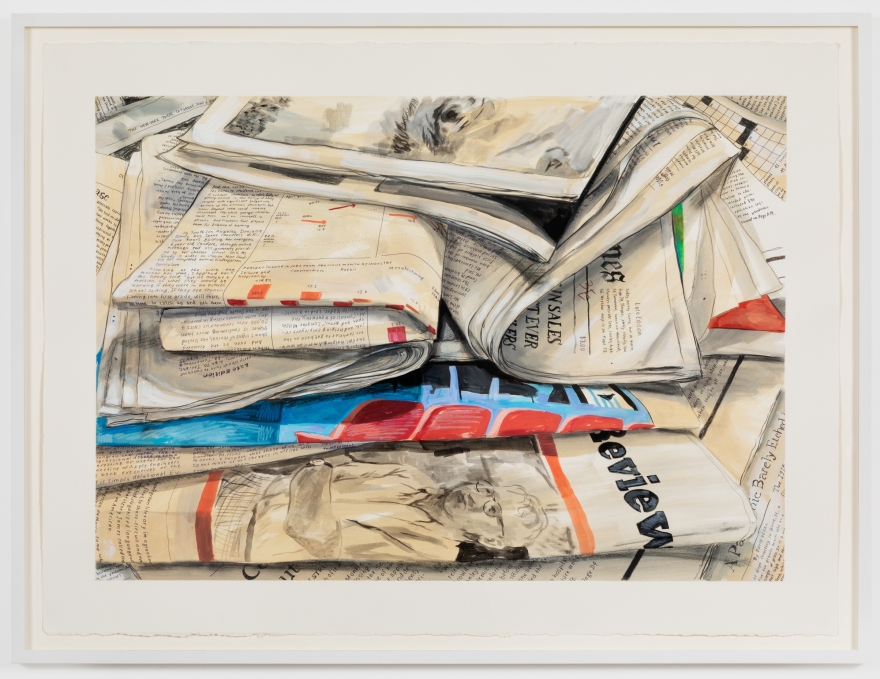 Rebecca Ness, Newspapers I, 2020. Gouache and pencil on paper, 22 x 30 in, 55.9 x 76.2 cm, 24 5/8 x 32 3/4 in (framed), 62.5 x 83.2 cm (RNE20.021)