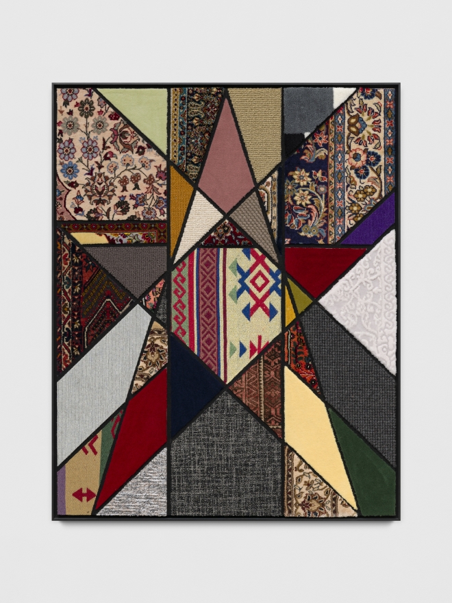 Nevin Aladag Social Fabric, star, 2018 Carpet pieces on wood 48 3/4 x 39 x 1 1/2 in 123.8 x 99.1 x 3.8 cm (NAL21.002)