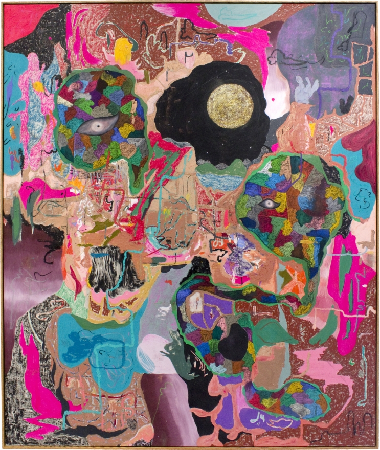 Michael Bauer Mud Cave and White Moon, 2019 Oil, crayon, pastel and acrylic on canvas 71 x 60 in 180.3 x 152.4 cm (MB19.019)