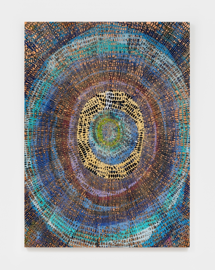 Mindy Shapero  Scar of Midnight Portal: Intergalactic 13, 12, 19, 2021  Spray paint, gold, silver, and copper leaf on Belgium linen  60 x 44 in 152.4 x 111.8 cm (MS21.021)