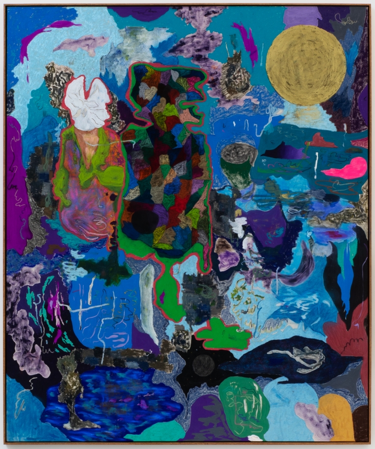Michael Bauer, Twin Brother, Goldmoon & Lake, 2020. Oil, crayon, pastel and acrylic on canvas, 60 1/2 x 73 in, 153.7 x 185.4 cm (MBA20.006)