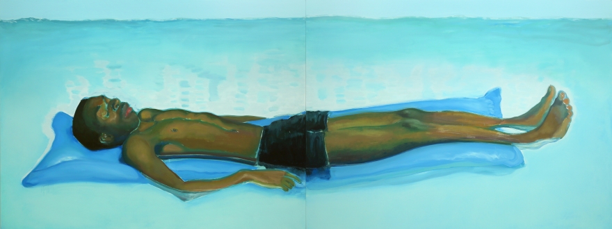 Jonathan Wateridge Lilo, 2018 Oil on linen 59 1/8 x 157 1/2 in, two parts 150 x 400 cm, two parts (JWA20.001)