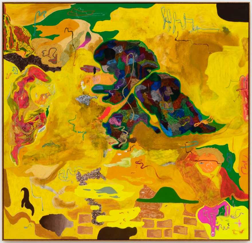 Michael Bauer, Ether Cave and Three Aunts, 2020. Oil, crayon, pastel and acrylic on canvas, 75 x 72 in, 190.5 x 182.9 cm (MBA20.001)