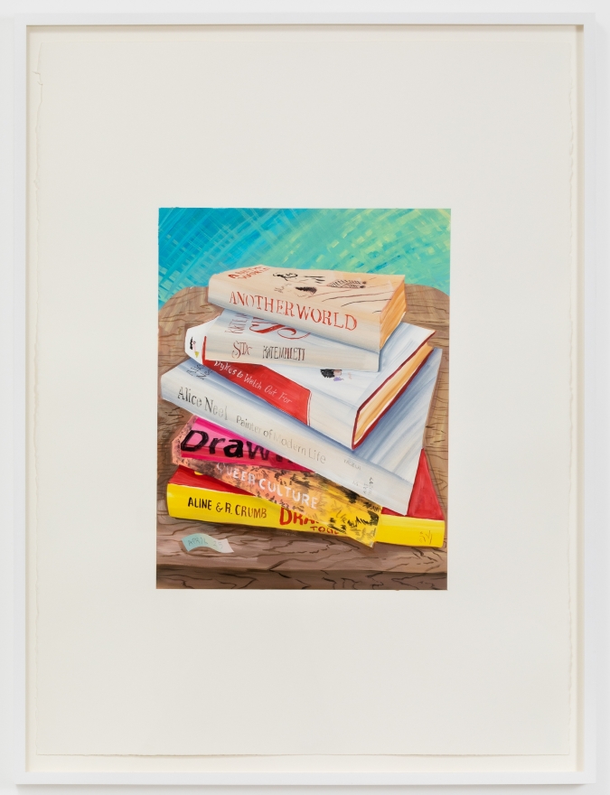 Rebecca Ness, Book stack, 2020. Gouache on paper, 30 x 22 in, 76.2 x 55.9 cm, 32 3/4 x 24 5/8 in (framed), 83.2 x 62.5 cm (RNE20.030)