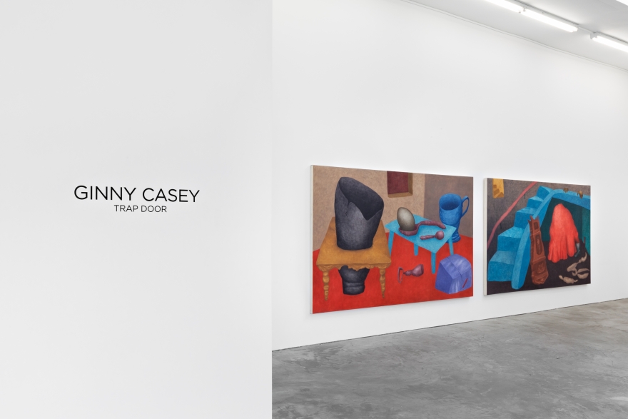 Installation View of "Trap Door", Title of Name and Exhibition painted on the wall, next to 2 Casey works
