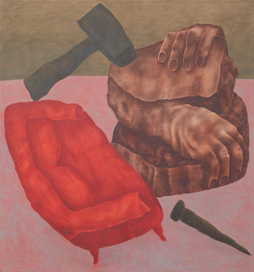 Ginny Casey, Couch and Carving, 2017. Oil and acrylic on linen, 70 x 65 in, 177.8 x 165.1 cm (GC17.003)