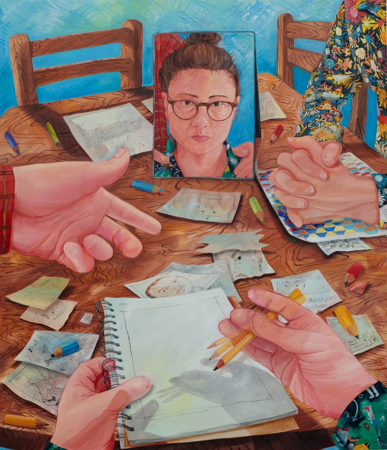 Rebecca Ness Drawing Party, 2020 Oil on linen 50 x 60 in 127 x 152.4 cm (RNE20.002)
