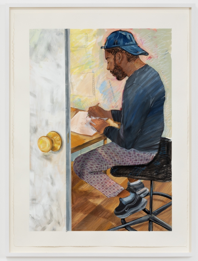 Rebecca Ness, Dom in his Studio, 2020. Gouache and colored pencil on paper, 30 x 22 in, 76.2 x 55.9 cm, 32 3/4 x 24 5/8 in (framed), 83.2 x 62.5 cm (RNE20.026)