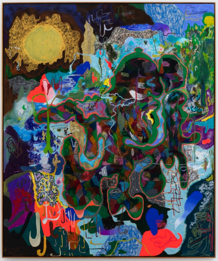 Michael Bauer, Gold Moon & Victory Garden, 2020. Oil, crayon, pastel and acrylic on canvas, 71 x 60 1/2 in, 180.3 x 153.7 cm (MBA20.008)