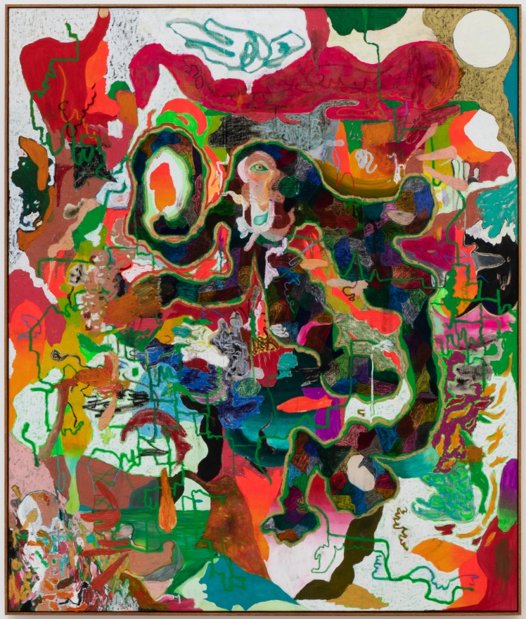Michael Bauer, White Moon & Victory Garden, 2020. Oil, crayon, pastel and acrylic on canvas, 71 1/2 x 61 in, 181.6 x 154.9 cm (MBA20.007)