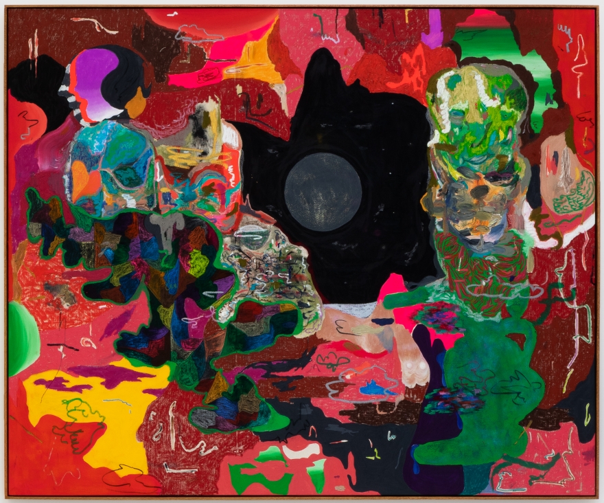 Michael Bauer, Red Cave and Sculpture, 2020. Oil, crayon, pastel and acrylic on canvas, 60 1/2 x 73 in, 153.7 x 185.4 cm (MBA20.002)