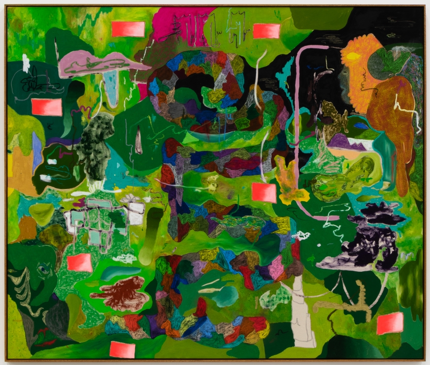 Michael Bauer, Victory Garden and Aunts, 2020. Oil, crayon, pastel and acrylic on canvas, 61 x 73 in, 154.9 x 185.4 cm (MBA20.009)
