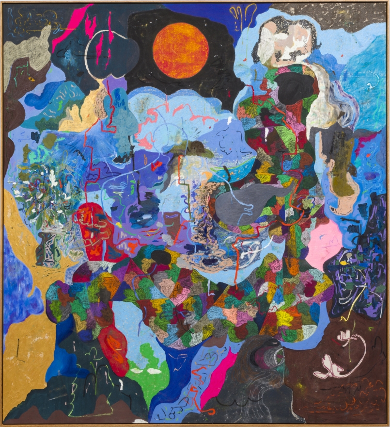 Michael Bauer Blue Cave, Red Moon and Aunts, 2019 Oil, crayon, pastel and acrylic on canvas 76 x 70 in 193 x 178 cm (MB19.017)
