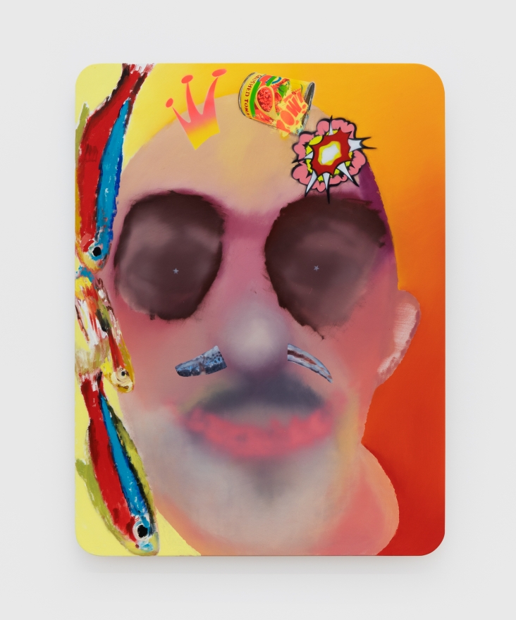 Alessandro Pessoli Neon Anchovy Tomato King, 2020 Oil, spray paint, oil pastels and pencil on wood panel 40 x 30 in 101.6 x 76.2 cm (APE20.015)